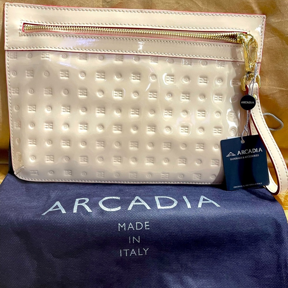 NWT Arcadia patent leather clutch.